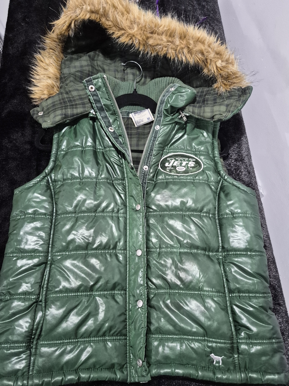 PINK Victoria's Secret Green Girls Hooded Puffer Jacket with Faux Fur Trim